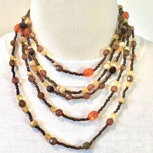 Vintage 90s Necklace 19.5 Inch Layered Beaded Bronze Wood Beads